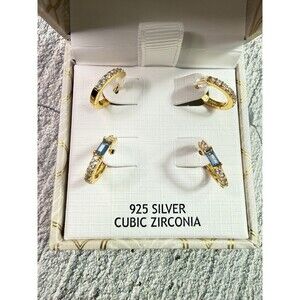 NEW IN BOX Rachel Ashwell 925 Silver Cubic Zirconia Huggie Hoops 2 Earrings Set